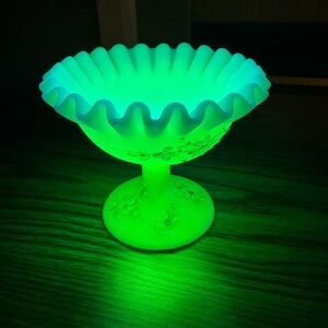 Vintage Fenton Hand Painted & Signed  Uranium Satin Glass Compote-Glows